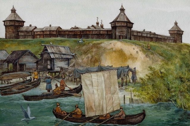 Березовский кремль 16 века вид с реки северная сосьва художник А.С Кухтерин.jpg